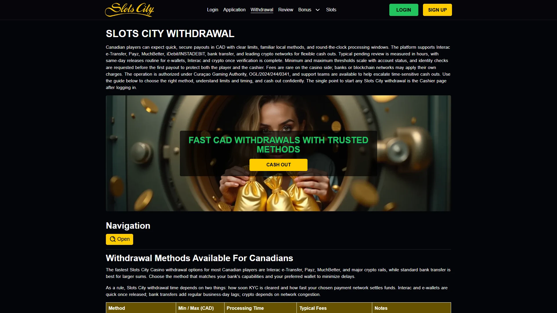 Slots City cashier: deposit and withdrawal options